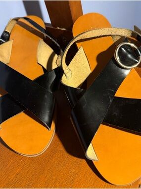 J. Crew Black Cross-Strap Sandals with Tan Footbed